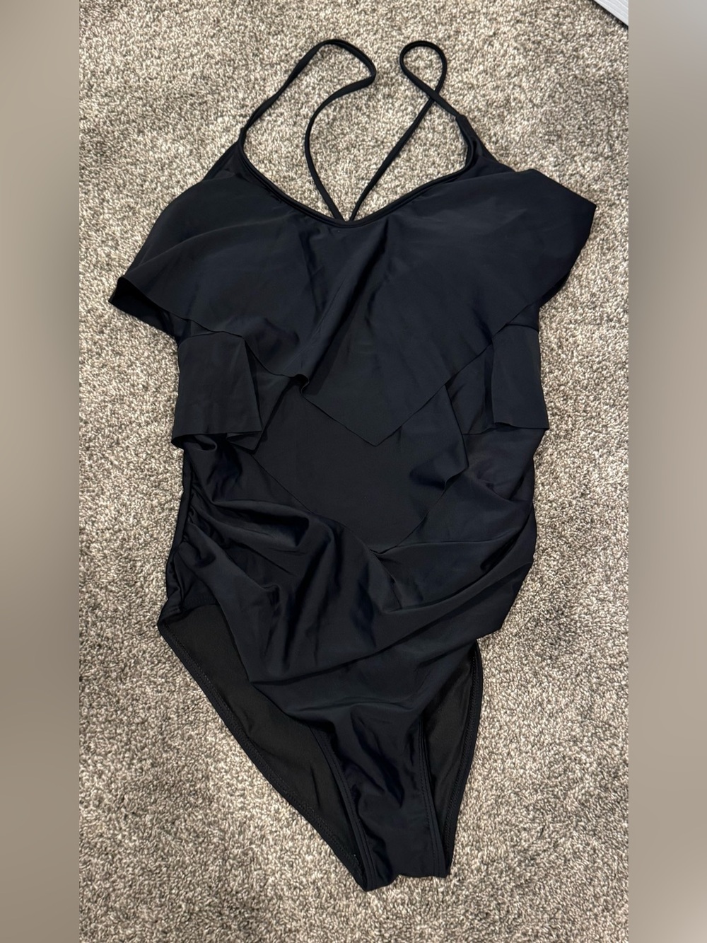 NEW Women’s One Piece Black Swimsuit Ruffles and Lace Up Back Large
